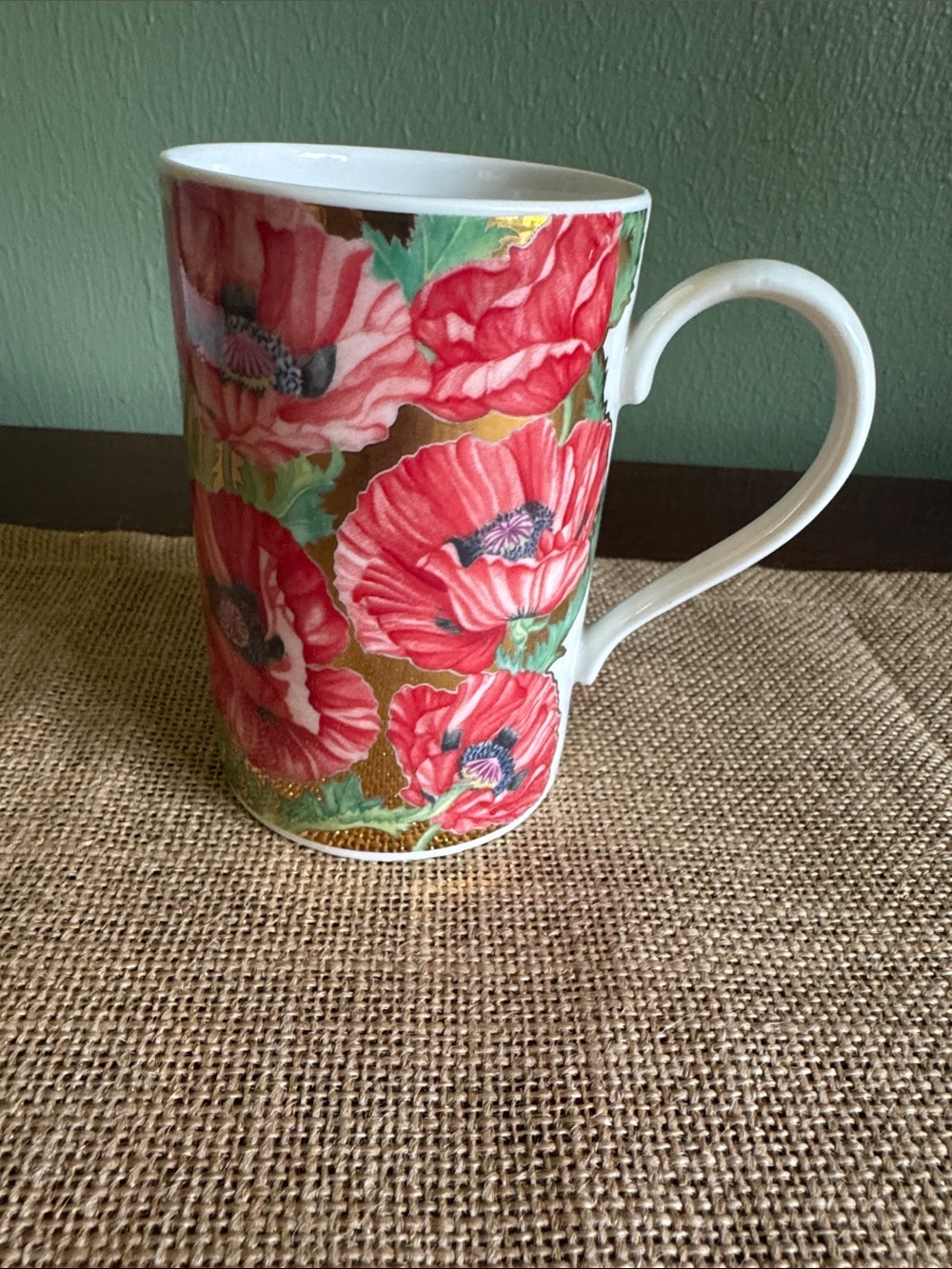 Dunoon Scotland Fine Bone China Poppy Floral Coffee Tea Mug Gold Accent 4”